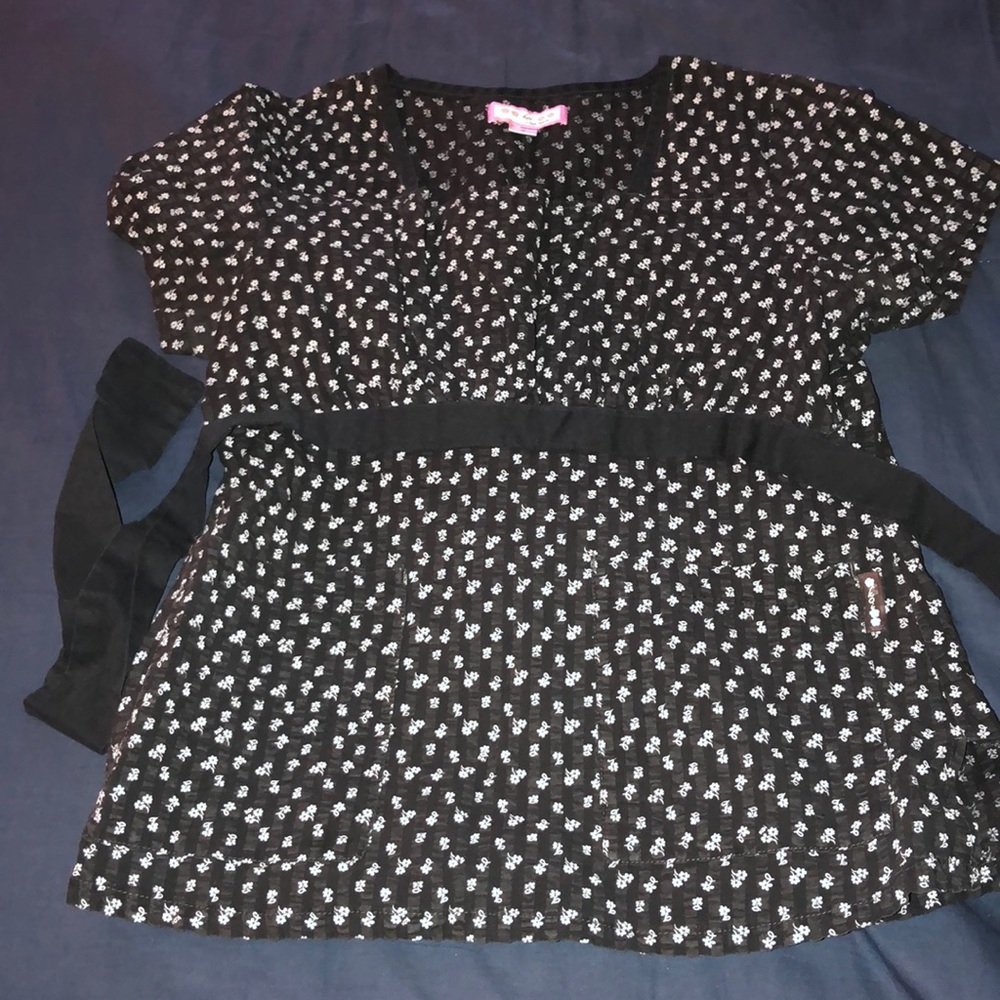 Flowered dark blue black scrub top